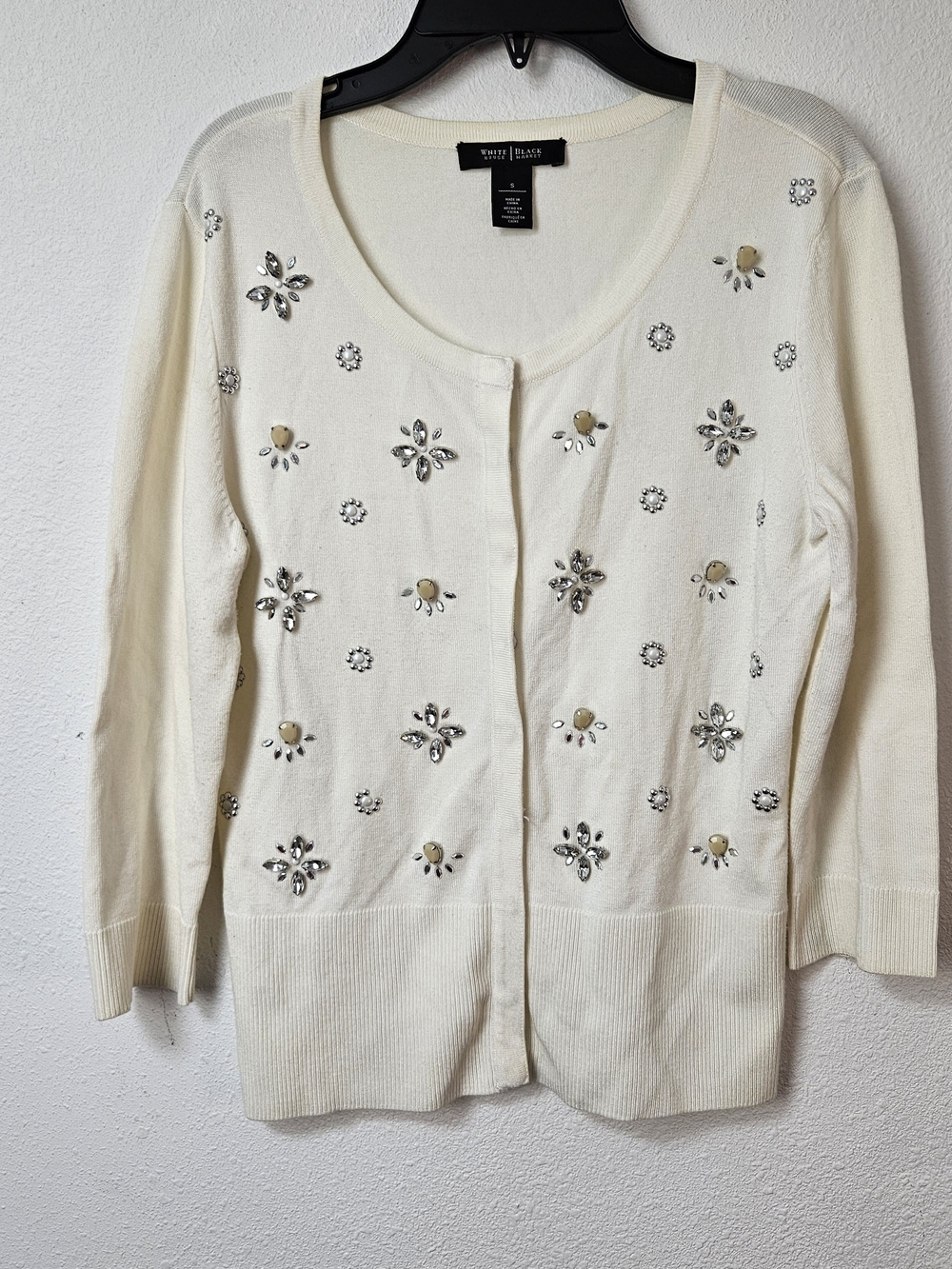 White House Black Market Cream Embellished Crewneck Cardigan - Cream Size Small